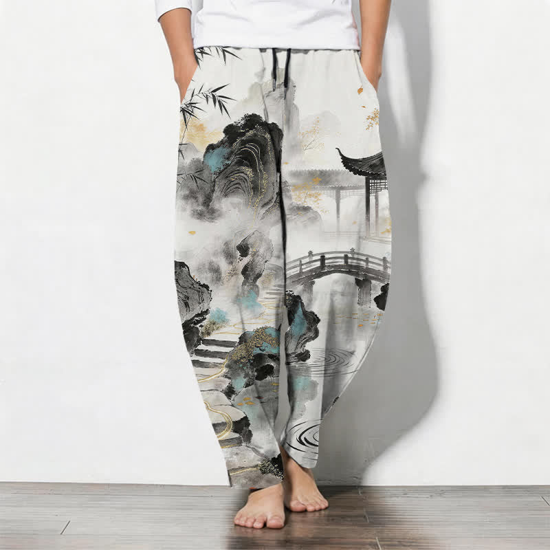 Buddha Stones Pantalon fuselé pour homme en pur coton, motif bambou, paysage imprimé à l'encre, cordon de serrage et poches - Blanc - US/UK/AU50，EU60 (5XL) - image 0