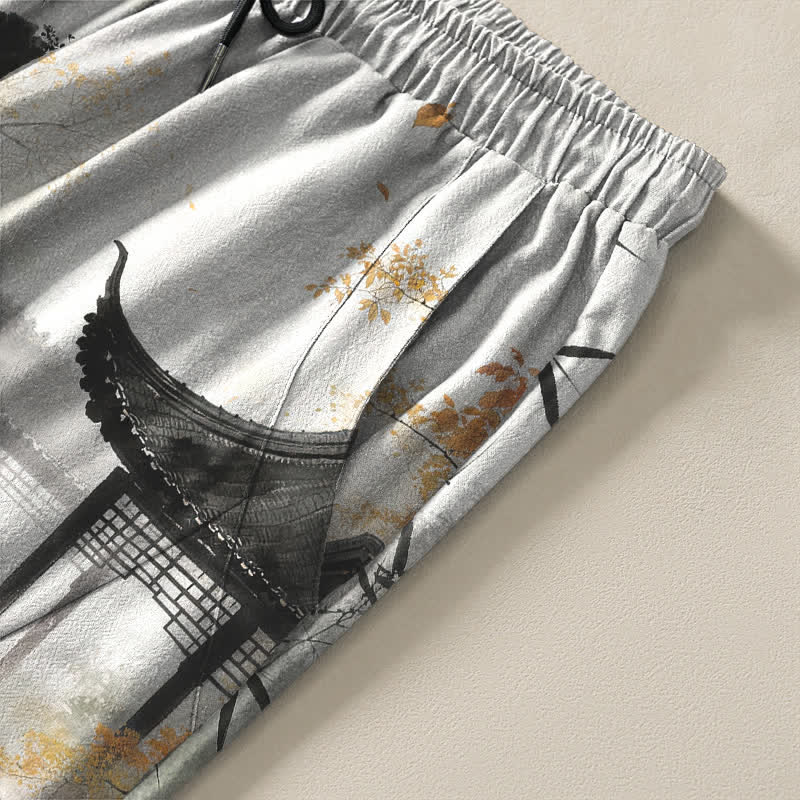 Buddha Stones Pantalon fuselé pour homme en pur coton, motif bambou, paysage imprimé à l'encre, cordon de serrage et poches - image 4