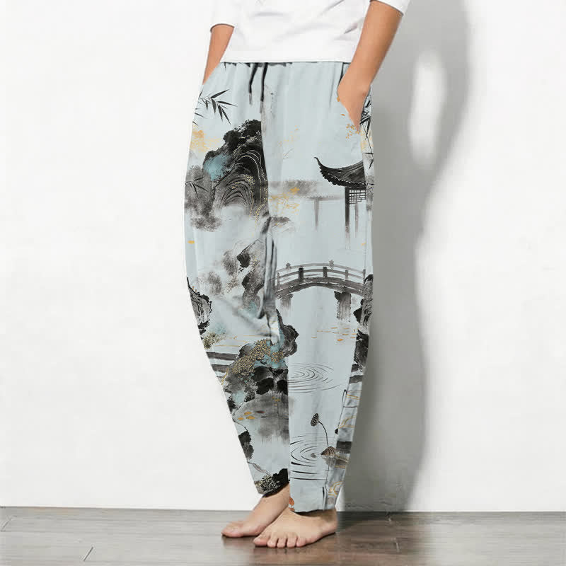 Buddha Stones Pantalon fuselé pour homme en pur coton, motif bambou, paysage imprimé à l'encre, cordon de serrage et poches - image 8