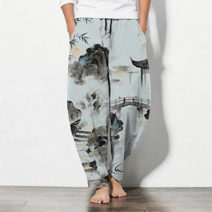 Buddha Stones Pantalon fuselé pour homme en pur coton, motif bambou, paysage imprimé à l'encre, cordon de serrage et poches - Bleu poudré - US/UK/AU50，EU60 (5XL) - image 7