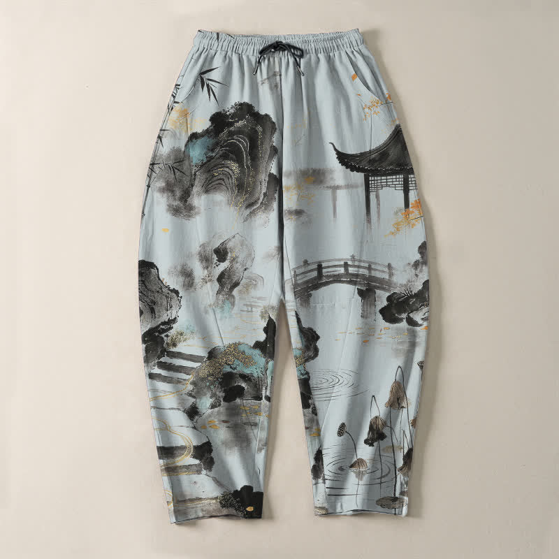 Buddha Stones Pantalon fuselé pour homme en pur coton, motif bambou, paysage imprimé à l'encre, cordon de serrage et poches - image 9