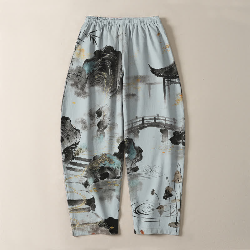 Buddha Stones Pantalon fuselé pour homme en pur coton, motif bambou, paysage imprimé à l'encre, cordon de serrage et poches - image 10