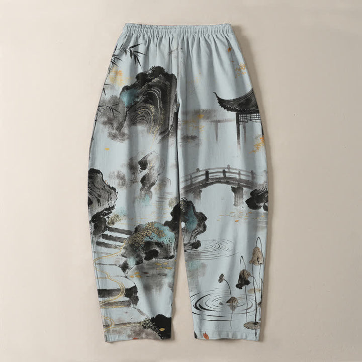 Buddha Stones Pantalon fuselé pour homme en pur coton, motif bambou, paysage imprimé à l'encre, cordon de serrage et poches - image 10