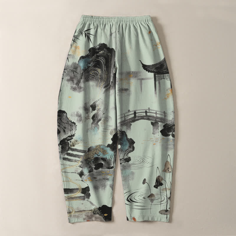 Buddha Stones Pantalon fuselé pour homme en pur coton, motif bambou, paysage imprimé à l'encre, cordon de serrage et poches - image 14