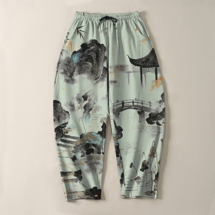 Buddha Stones Pantalon fuselé pour homme en pur coton, motif bambou, paysage imprimé à l'encre, cordon de serrage et poches - image 13