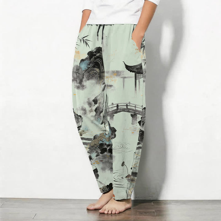 Buddha Stones Pantalon fuselé pour homme en pur coton, motif bambou, paysage imprimé à l'encre, cordon de serrage et poches - image 12