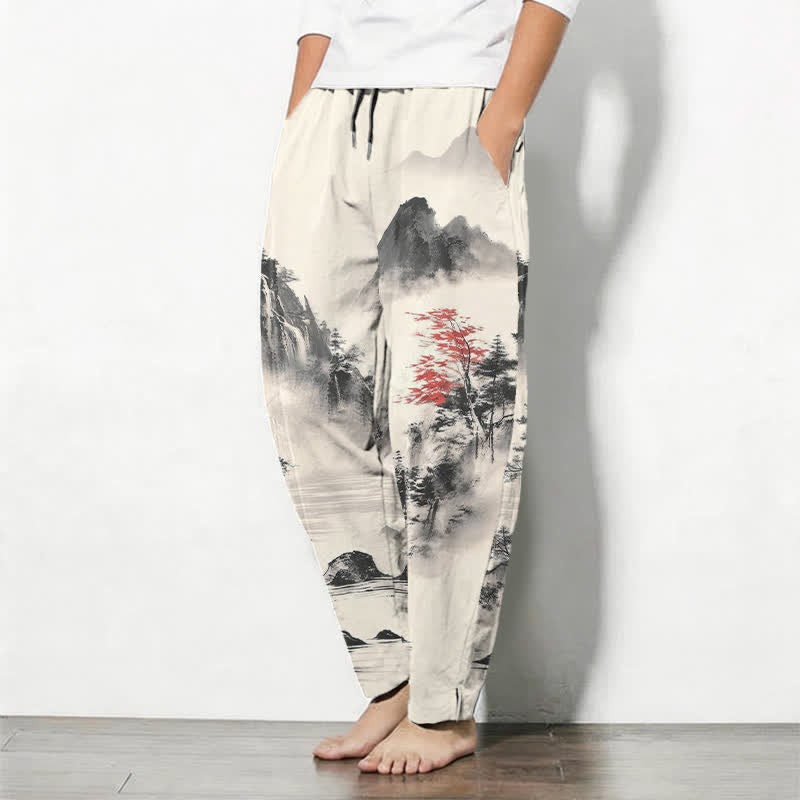Buddha Stones Pantalon fuselé pour homme en pur coton, imprimé paysage de montagne, avec cordon de serrage et poches. - image 1