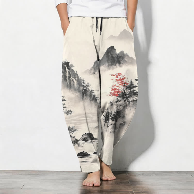Buddha Stones Pantalon fuselé pour homme en pur coton, imprimé paysage de montagne, avec cordon de serrage et poches. - Blanc - US/UK/AU50，EU60 (5XL) - image 0