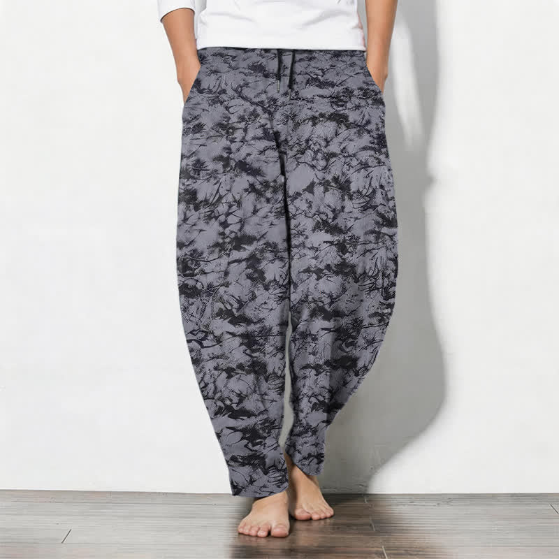 Buddha Stones Pantalon fuselé pour homme en pur coton, motif camouflage marbré foncé, cordon de serrage et poches - Gris - US/UK/AU50，EU60 (5XL) - image 0