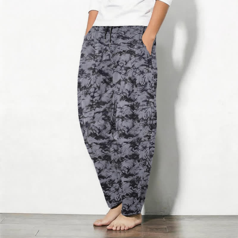 Buddha Stones Pantalon fuselé pour homme en pur coton, motif camouflage marbré foncé, cordon de serrage et poches - image 1
