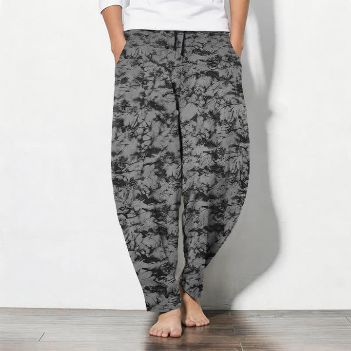 Buddha Stones Pantalon fuselé pour homme en pur coton, motif camouflage marbré foncé, cordon de serrage et poches - Noir - US/UK/AU50，EU60 (5XL) - image 11