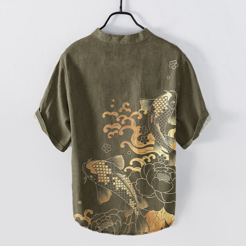 Buddha Stones Chemise homme à manches courtes et demi-boutonnée, motif pivoines et carpes koï - image 1