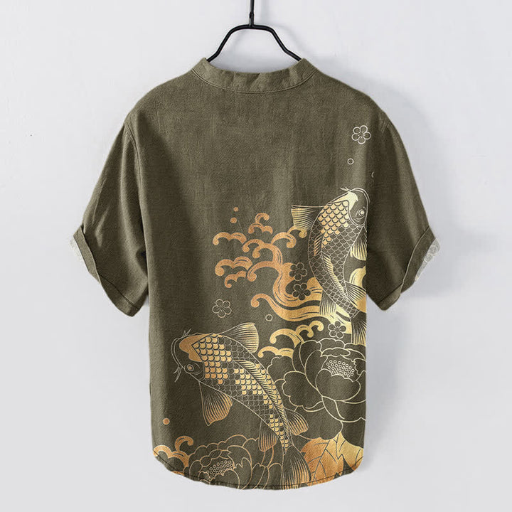 Buddha Stones Chemise homme à manches courtes et demi-boutonnée, motif pivoines et carpes koï - image 1