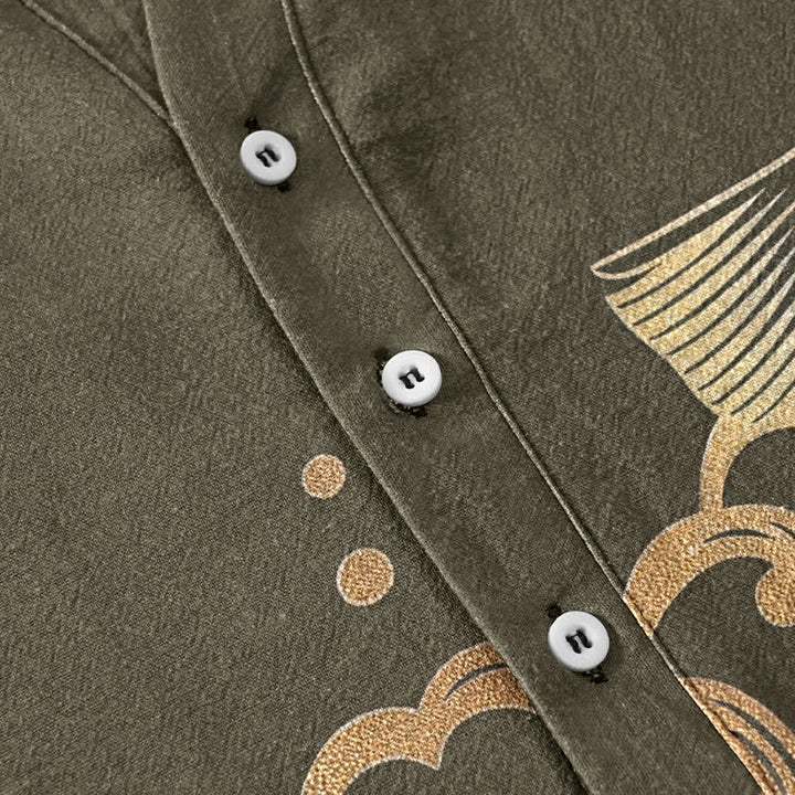 Buddha Stones Chemise homme à manches courtes et demi-boutonnée, motif pivoines et carpes koï - image 3