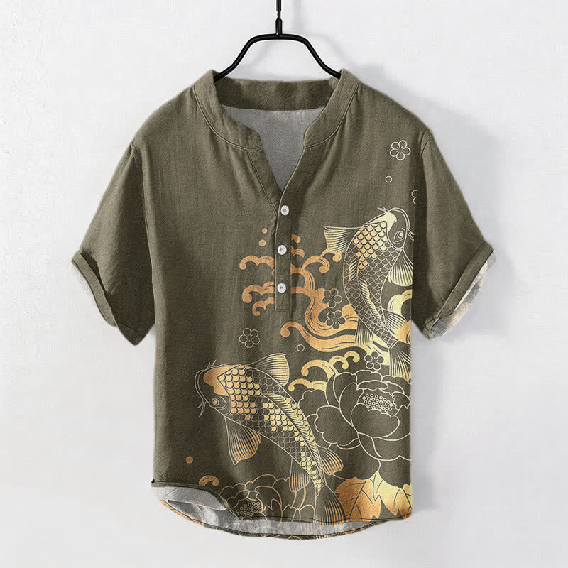 Buddha Stones Chemise homme à manches courtes et demi-boutonnée, motif pivoines et carpes koï - DarkKhaki - US/UK/AU50，EU60 (5XL) - image 0