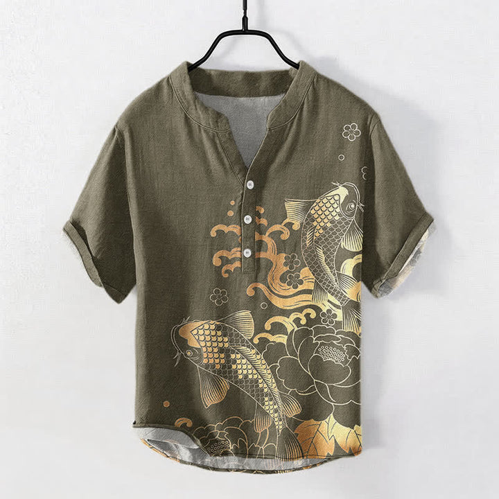 Buddha Stones Chemise homme à manches courtes et demi-boutonnée, motif pivoines et carpes koï - DarkKhaki - US/UK/AU50，EU60 (5XL) - image 0