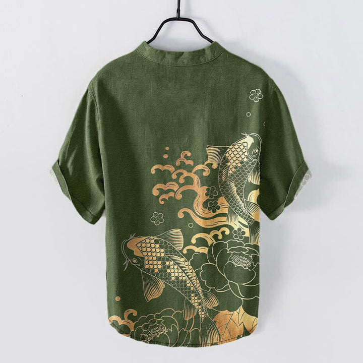 Buddha Stones Chemise homme à manches courtes et demi-boutonnée, motif pivoines et carpes koï - image 8