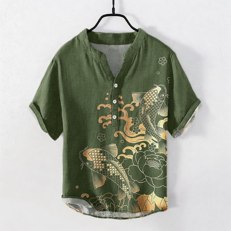 Buddha Stones Chemise homme à manches courtes et demi-boutonnée, motif pivoines et carpes koï - Vert olive - US/UK/AU50，EU60 (5XL) - image 7