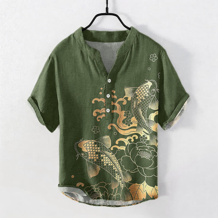Buddha Stones Chemise homme à manches courtes et demi-boutonnée, motif pivoines et carpes koï - Vert olive - US/UK/AU50，EU60 (5XL) - image 7
