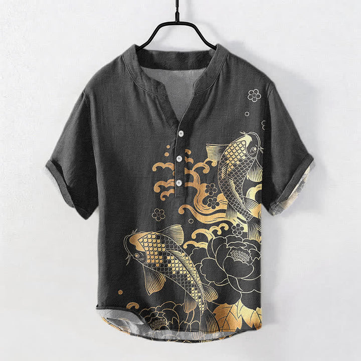 Buddha Stones Chemise homme à manches courtes et demi-boutonnée, motif pivoines et carpes koï - Gris sombre - US/UK/AU50，EU60 (5XL) - image 5
