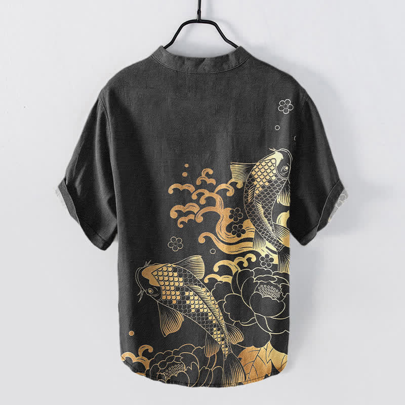 Buddha Stones Chemise homme à manches courtes et demi-boutonnée, motif pivoines et carpes koï - image 6