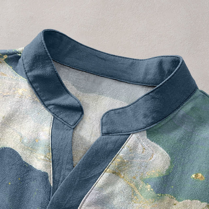 Buddha Stones Chemise homme à manches courtes et demi-boutonnée, motif paysage, en coton délavé - image 2