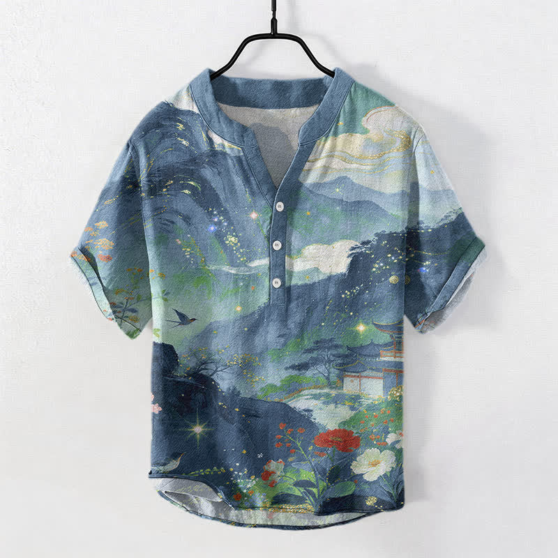 Buddha Stones Chemise homme à manches courtes et demi-boutonnée, motif paysage, en coton délavé - CadetBlue - US/UK/AU50，EU60 (5XL) - image 0