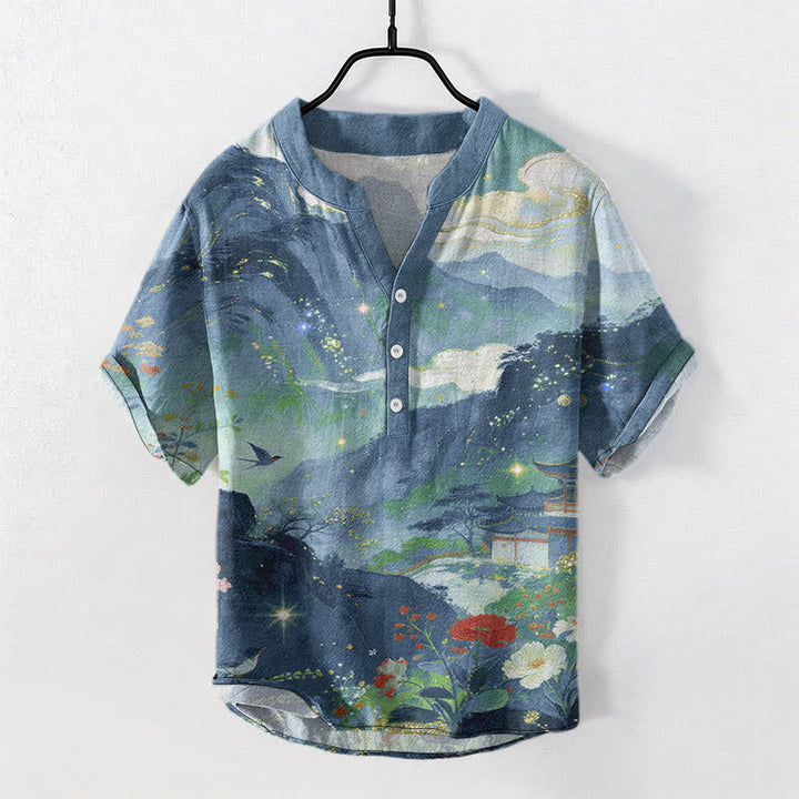 Buddha Stones Chemise homme à manches courtes et demi-boutonnée, motif paysage, en coton délavé - CadetBlue - US/UK/AU50，EU60 (5XL) - image 0