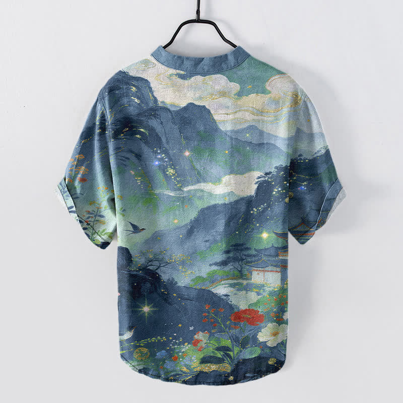 Buddha Stones Chemise homme à manches courtes et demi-boutonnée, motif paysage, en coton délavé - image 1