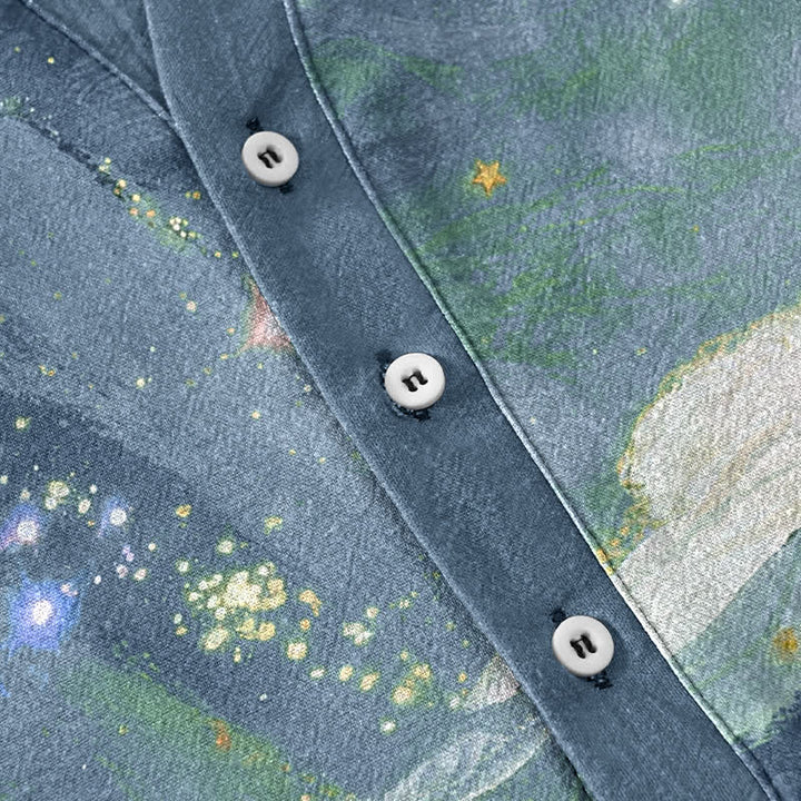 Buddha Stones Chemise homme à manches courtes et demi-boutonnée, motif paysage, en coton délavé - image 3