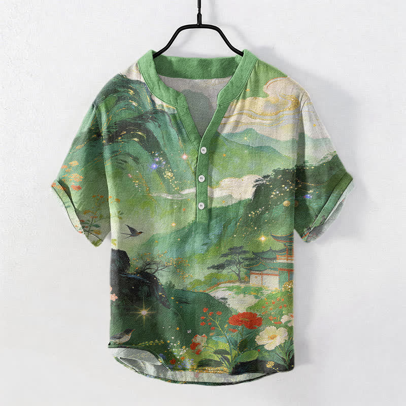 Buddha Stones Chemise homme à manches courtes et demi-boutonnée, motif paysage, en coton délavé - Vert mer moyen - US/UK/AU50，EU60 (5XL) - image 5