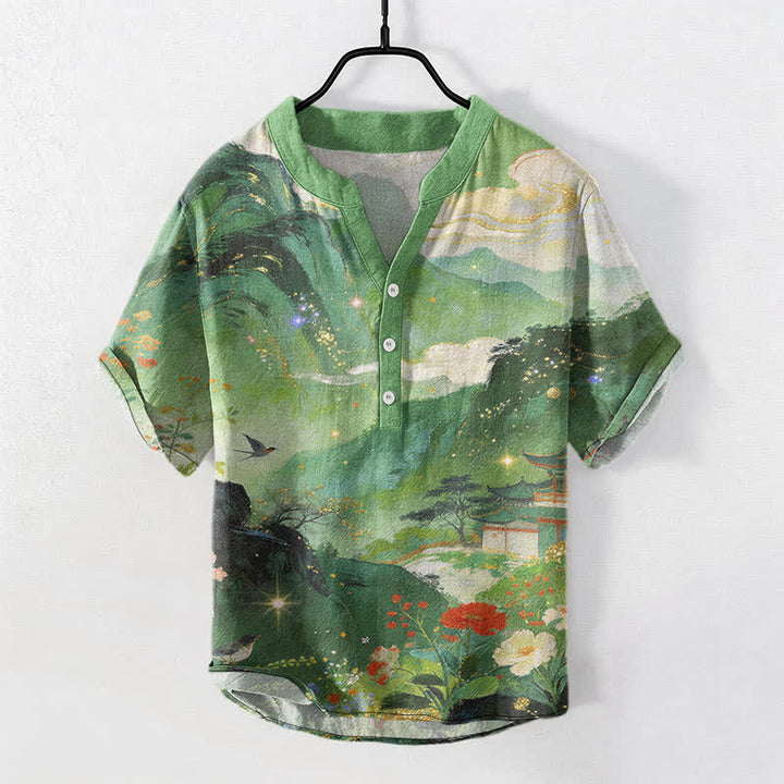 Buddha Stones Chemise homme à manches courtes et demi-boutonnée, motif paysage, en coton délavé - Vert mer moyen - US/UK/AU50，EU60 (5XL) - image 5