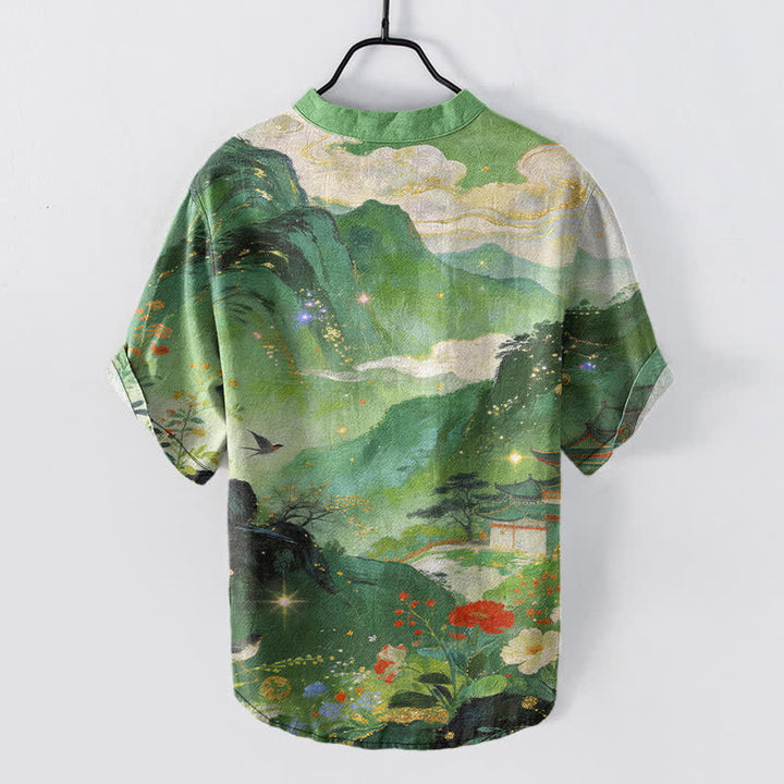 Buddha Stones Chemise homme à manches courtes et demi-boutonnée, motif paysage, en coton délavé - image 6