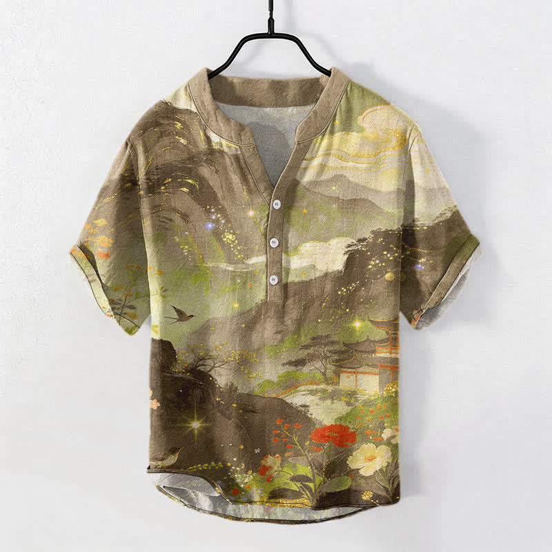 Buddha Stones Chemise homme à manches courtes et demi-boutonnée, motif paysage, en coton délavé - verge d'or - US/UK/AU50，EU60 (5XL) - image 7