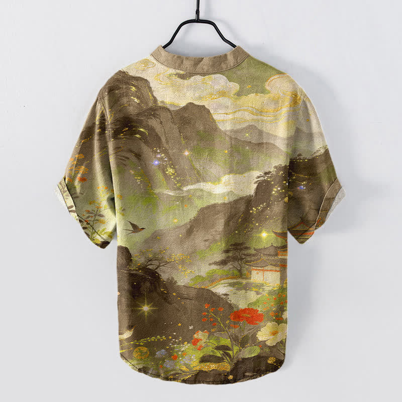 Buddha Stones Chemise homme à manches courtes et demi-boutonnée, motif paysage, en coton délavé - image 8