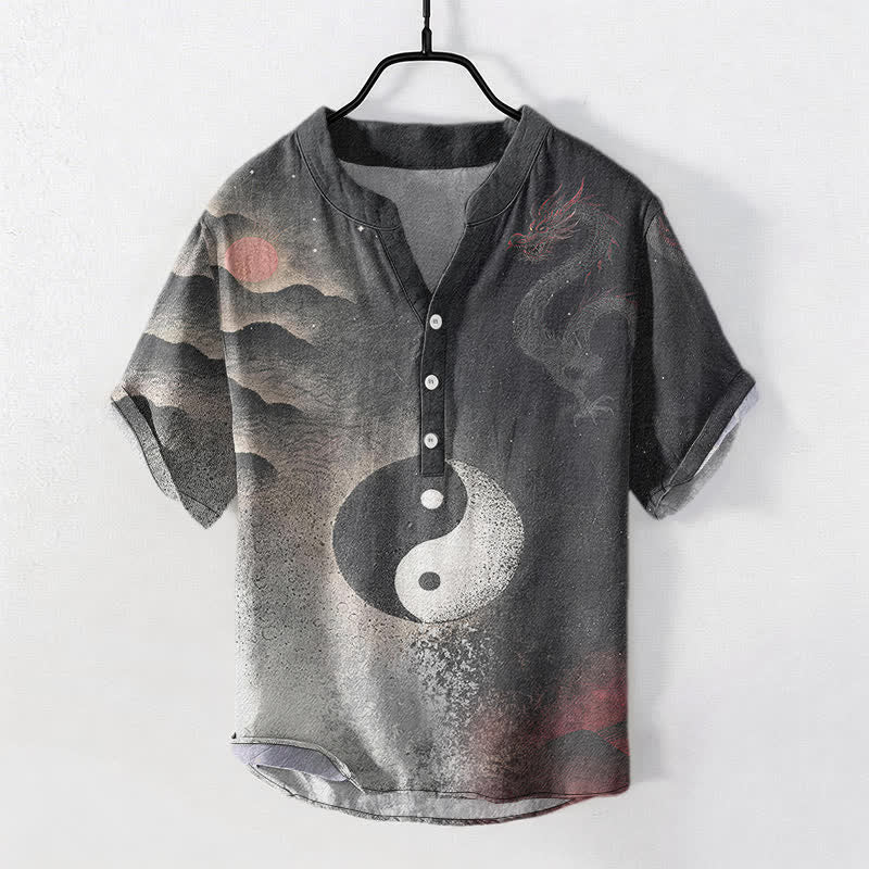Buddha Stones Chemise à manches courtes pour homme en coton à motif nuage Yin Yang - Noir - US/UK/AU50，EU60 (5XL) - image 0
