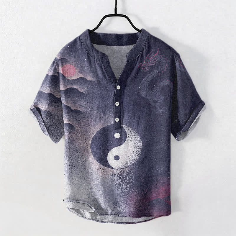 Buddha Stones Chemise à manches courtes pour homme en coton à motif nuage Yin Yang - Bleu nuit - US/UK/AU50，EU60 (5XL) - image 5