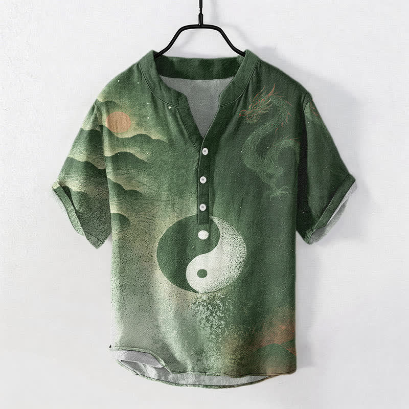 Buddha Stones Chemise à manches courtes pour homme en coton à motif nuage Yin Yang - Vert olive foncé - US/UK/AU50，EU60 (5XL) - image 7