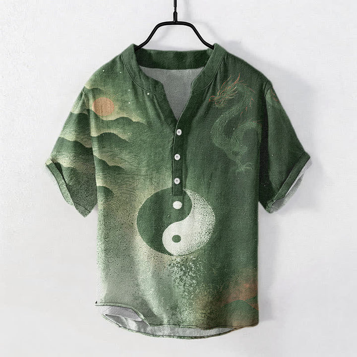 Buddha Stones Chemise à manches courtes pour homme en coton à motif nuage Yin Yang - Vert olive foncé - US/UK/AU50，EU60 (5XL) - image 7
