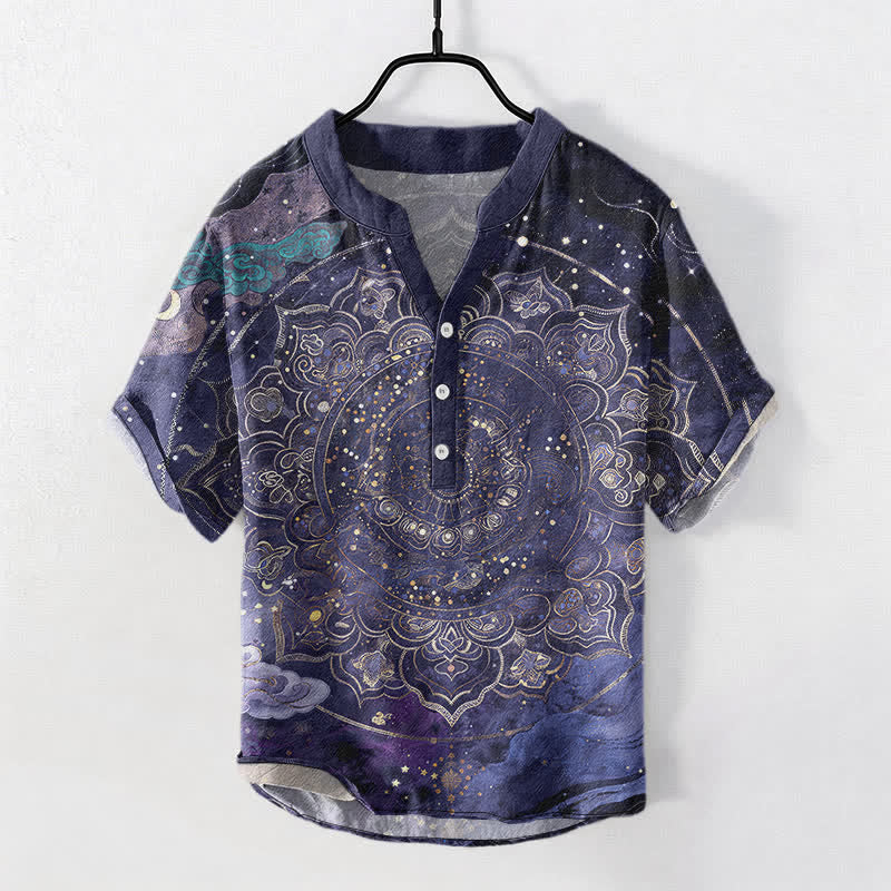 Buddha Stones Chemise à manches courtes pour homme en coton à motif mandala doré et galaxie, demi-boutonnée - Bleu foncé - US/UK/AU50，EU60 (5XL) - image 0