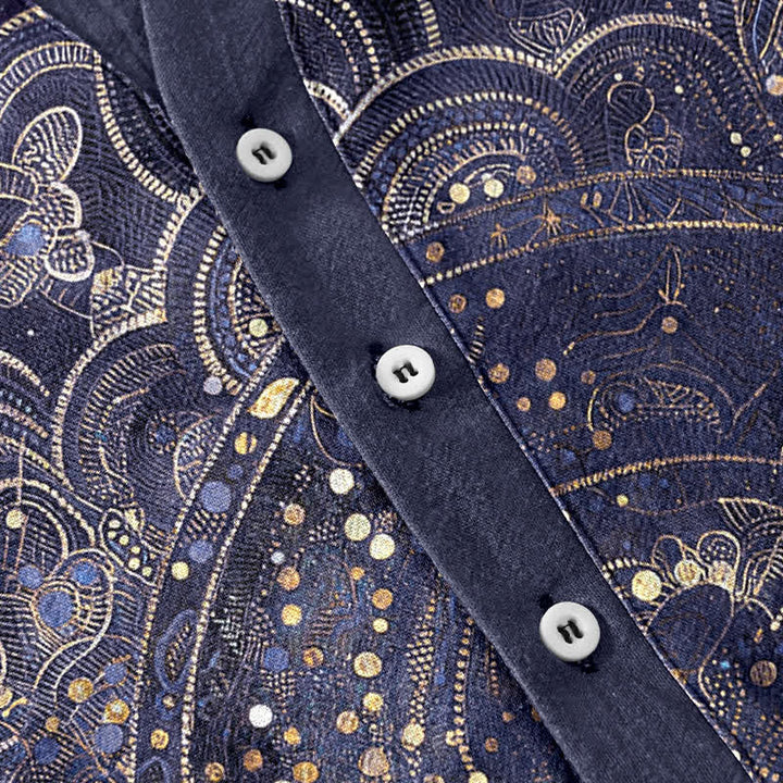 Buddha Stones Chemise à manches courtes pour homme en coton à motif mandala doré et galaxie, demi-boutonnée - image 3