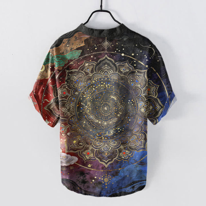 Buddha Stones Chemise à manches courtes pour homme en coton à motif mandala doré et galaxie, demi-boutonnée - image 6