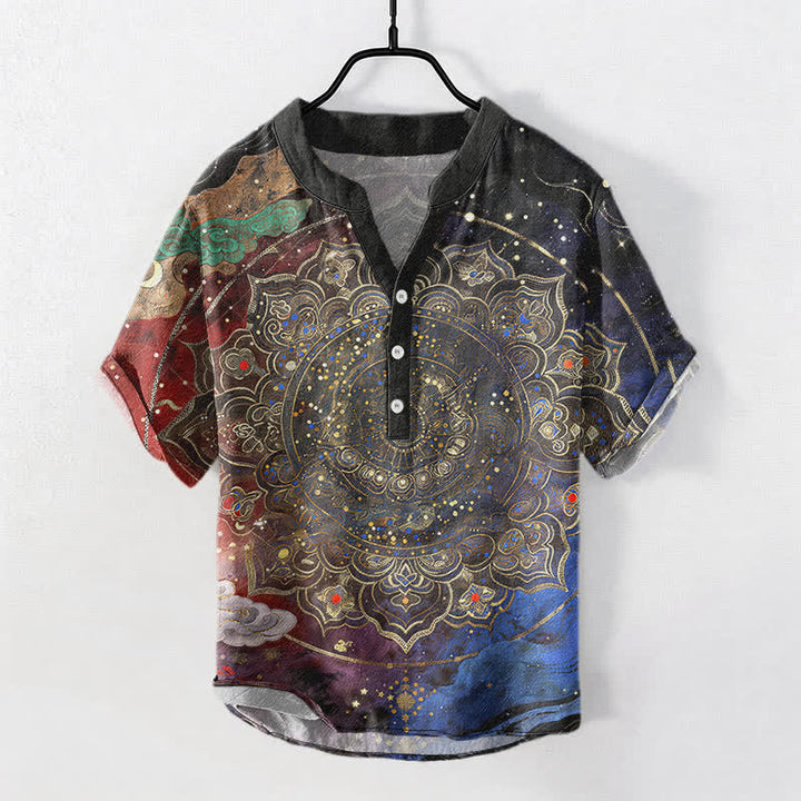 Buddha Stones Chemise à manches courtes pour homme en coton à motif mandala doré et galaxie, demi-boutonnée - Multicolore - US/UK/AU50，EU60 (5XL) - image 5