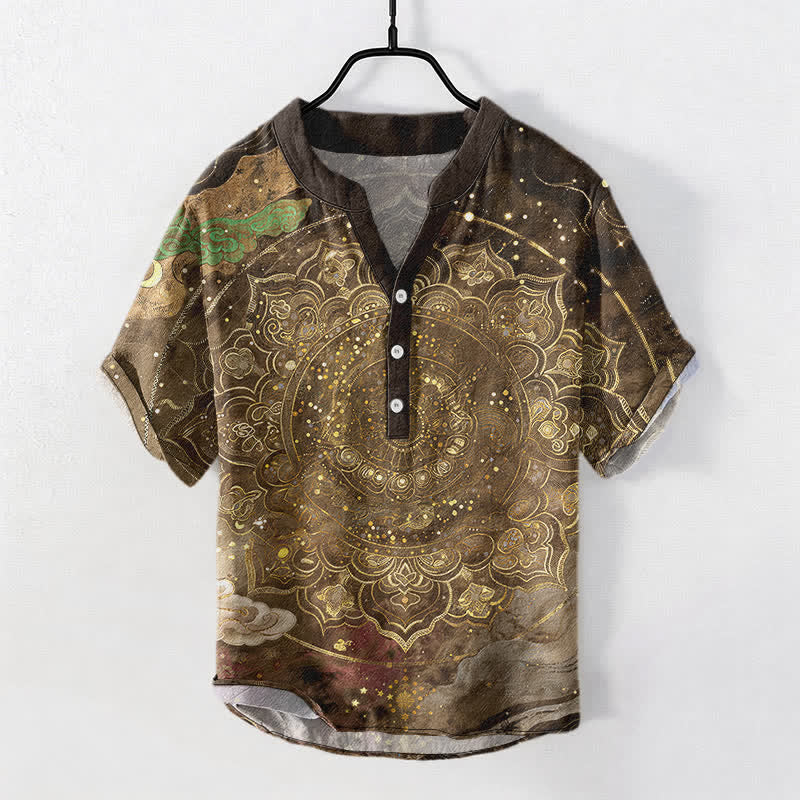Buddha Stones Chemise à manches courtes pour homme en coton à motif mandala doré et galaxie, demi-boutonnée - DarkGoldenrod - US/UK/AU50，EU60 (5XL) - image 7