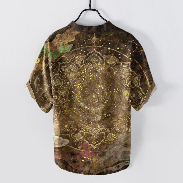 Buddha Stones Chemise à manches courtes pour homme en coton à motif mandala doré et galaxie, demi-boutonnée - image 8