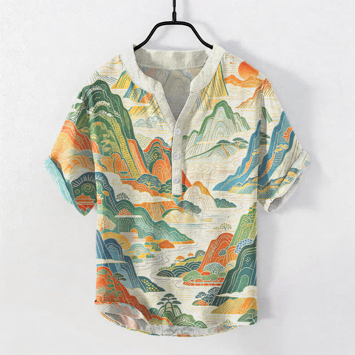 Buddha Stones Chemise à manches courtes et demi-boutonnée en coton à motif abstrait de paysage de montagne - Ivoire - US/UK/AU50，EU60 (5XL) - image 0