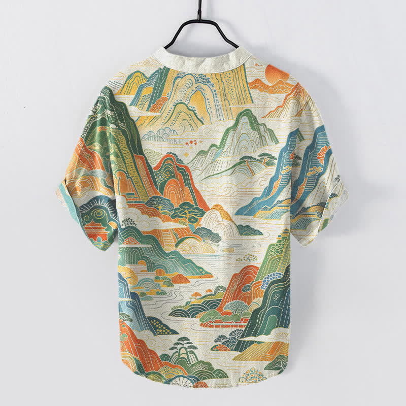 Buddha Stones Chemise à manches courtes et demi-boutonnée en coton à motif abstrait de paysage de montagne - image 1
