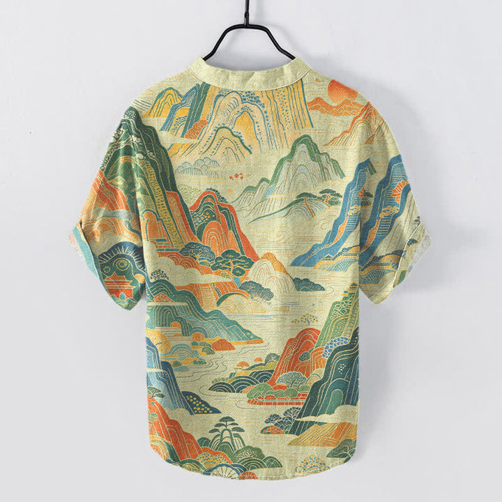 Buddha Stones Chemise à manches courtes et demi-boutonnée en coton à motif abstrait de paysage de montagne - image 4