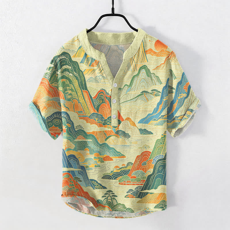 Buddha Stones Chemise à manches courtes et demi-boutonnée en coton à motif abstrait de paysage de montagne - LemonChiffon - US/UK/AU50，EU60 (5XL) - image 3