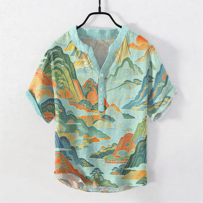 Buddha Stones Chemise à manches courtes et demi-boutonnée en coton à motif abstrait de paysage de montagne - Turquoise pâle - US/UK/AU50，EU60 (5XL) - image 5